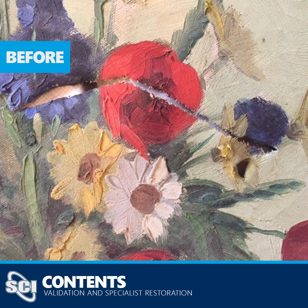 SCIEnviroGroup's tweet photo. Artwork restoration from the SCI Contents team. 

The canvas was removed from its stretcher bars and carefully attached to new canvas during the relining process. The tear was sensitively reconsolidated and finally painted in order to match the original artwork. https://t.co/y51Xpvg0O4