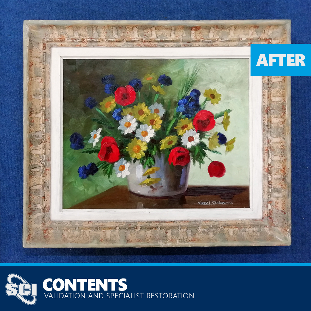 Artwork restoration from the SCI Contents team. 

The canvas was removed from its stretcher bars and carefully attached to new canvas during the relining process. The tear was sensitively reconsolidated and finally painted in order to match the original artwork.