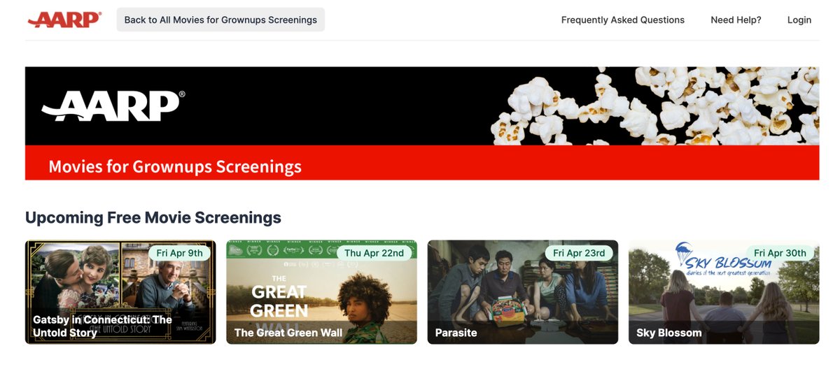 We're excited about being part of AARP's Movies for Grownups Program. We'll be screening April 9th.

#Movies4Grownups
<a href="/AARP/">AARP</a> 
<a href="/Movies4Grownups/">Movies for Grownups</a>