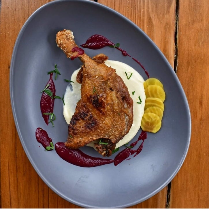 Duck Leg Confit // Parsnip Puree, Red Beet and Grapefruit Gastrique, Orange Supremes, &amp; Pickled Beet.

Join us for dinner seven days a week. 😊
Reservations recommended: 570.226.1337
#TakeMeToLedges #foodie #smallplates #foodpics #yum #hawleypa #poconomtns #discovernepa #poconos