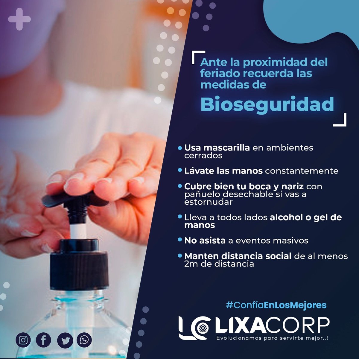Lixa_Corp's tweet photo. ✍🏻En LIXA-CORP nos preocupamos también por el bienestar de nuestros clientes y seguidores✅

📢 No olvides cumplir con las medidas de #Bioseguridad delimitadas por las autoridades de tú provincia.

#ConsejosLixa https://t.co/AM6Ny853lb