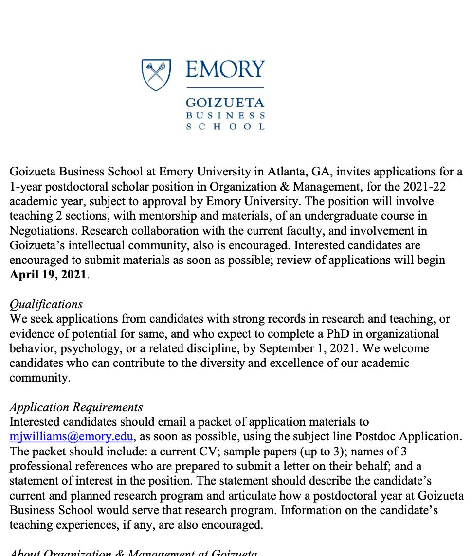 JOB POSTING: We are now hiring for a new one-year postdoc at @EmoryGoizueta in the Organization & Management area! Come join our group! And please share this ad widely! More info on how to apply: sites.google.com/view/williams-…