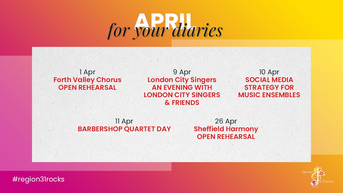 SAIRegion31's tweet photo. It's a new month and we're getting busy. There's so much for you to participate, watch, learn and celebrate in April 2021.

- Open rehearsals with @ForthChorus (1 Apr) and @SheffHarmony (26 Apr)
- Concert by @LCSchorus (9 Apr) https://t.co/LPDjjGwla7