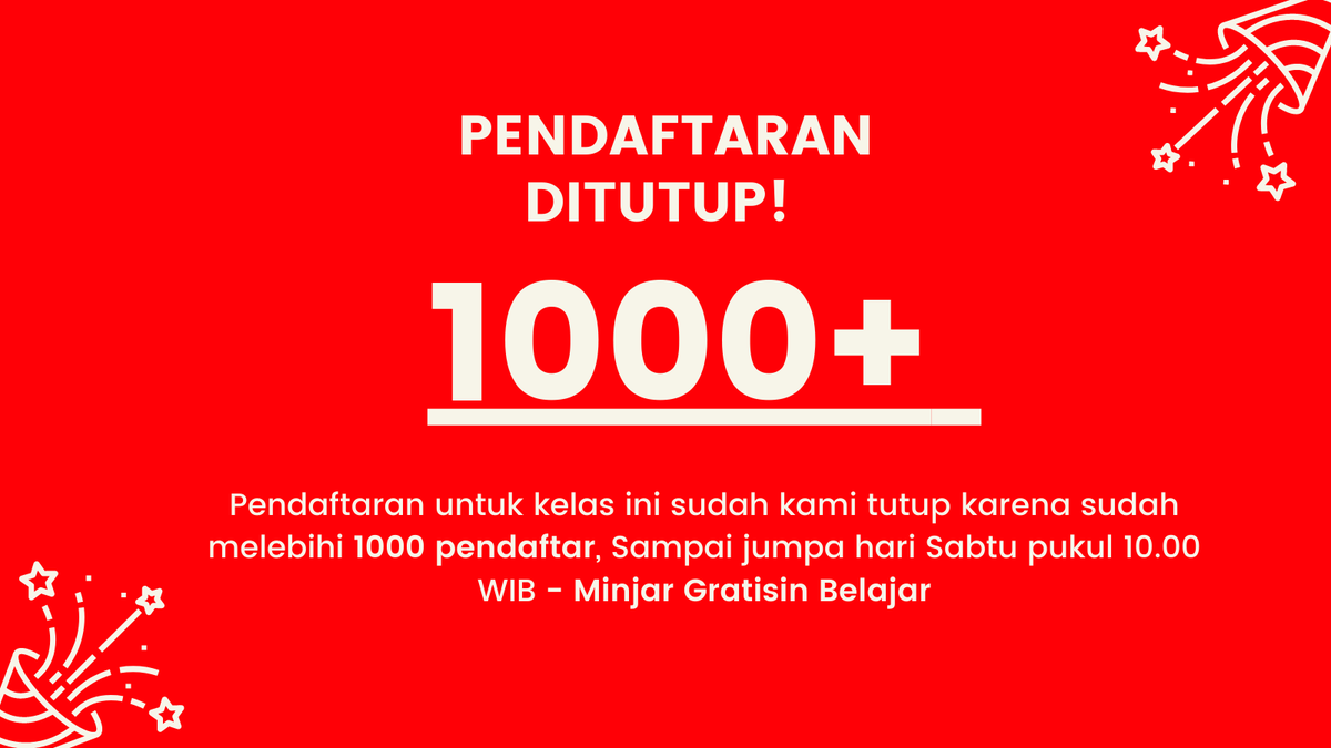 GratisinBelajar's tweet photo. Pendaftaran untuk kelas ini sudah ditutup!🙏🏻

Terima kasih pada 1000+ pendaftar. Sampai jumpa hari Sabtu pukul 10.00 WIB ya 👋🏻😄 https://t.co/a1SiwAi6VZ