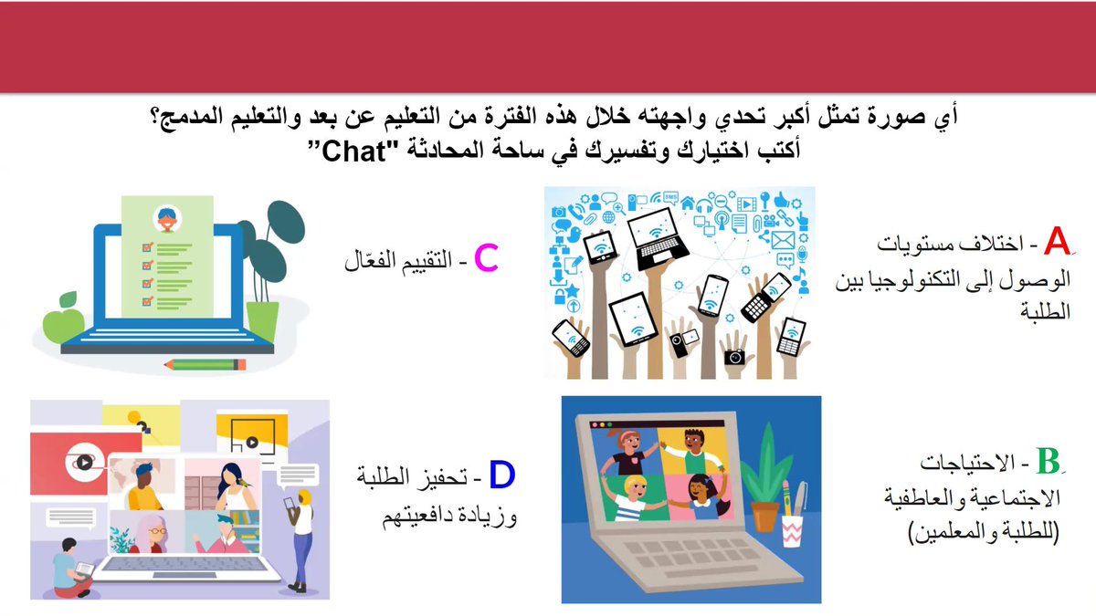 hgse_mepli's tweet photo. Hosted a great group today for the first synchronous webinar of the course "نظرة اللتعليم والتعلّم في الواقغ الجديد".  This was one of the activities from the session.  What would your answer be?  As an educator, which has been the biggest challenge you've faced in these times? https://t.co/vQ85d2heJ0