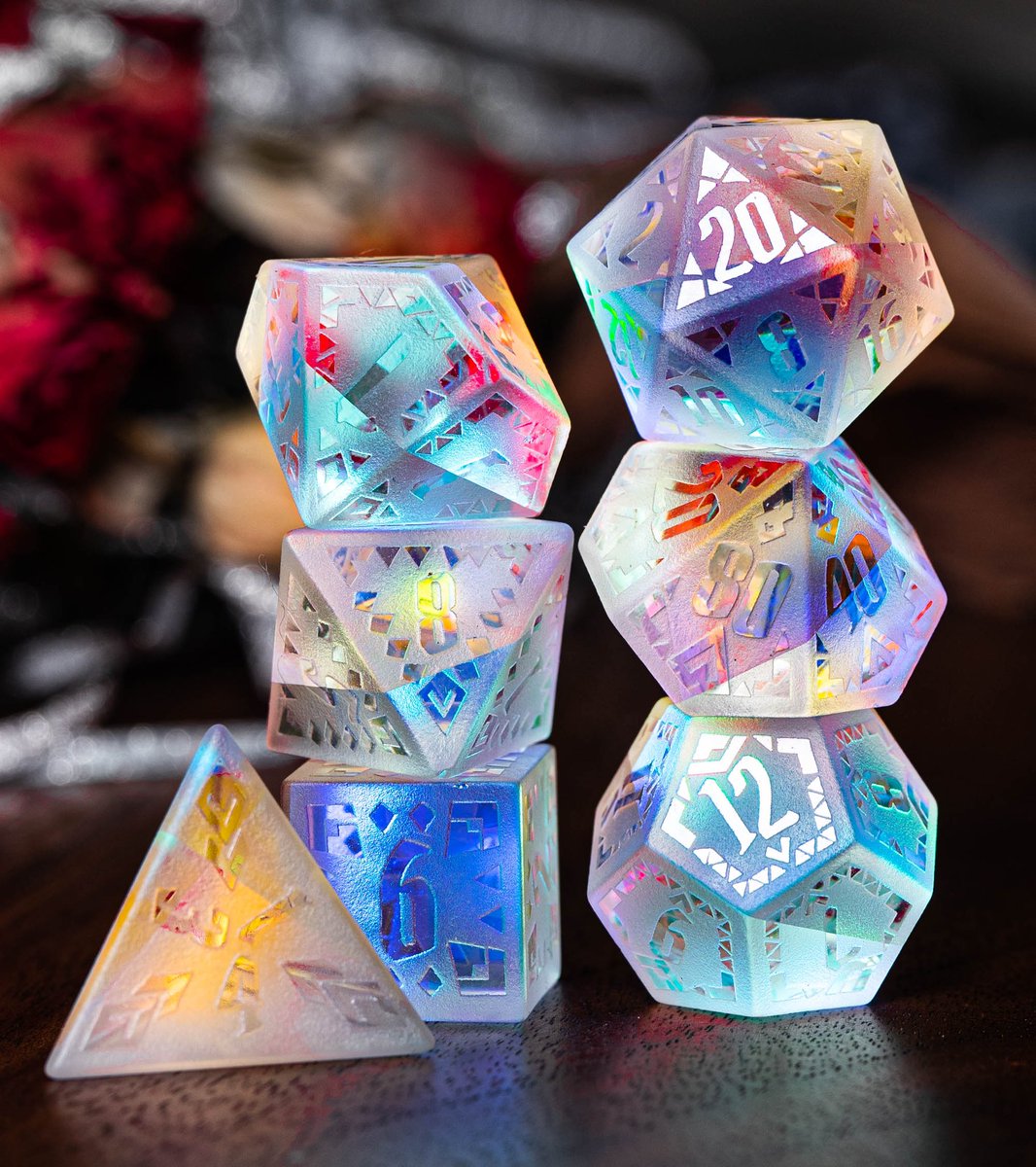 urwizards's tweet photo. The rainbow prism glass dice set with frost ancient style 🌈🌈

#dnd #dice #ttrpg #dungeonsanddragons https://t.co/4a2l51SaLv