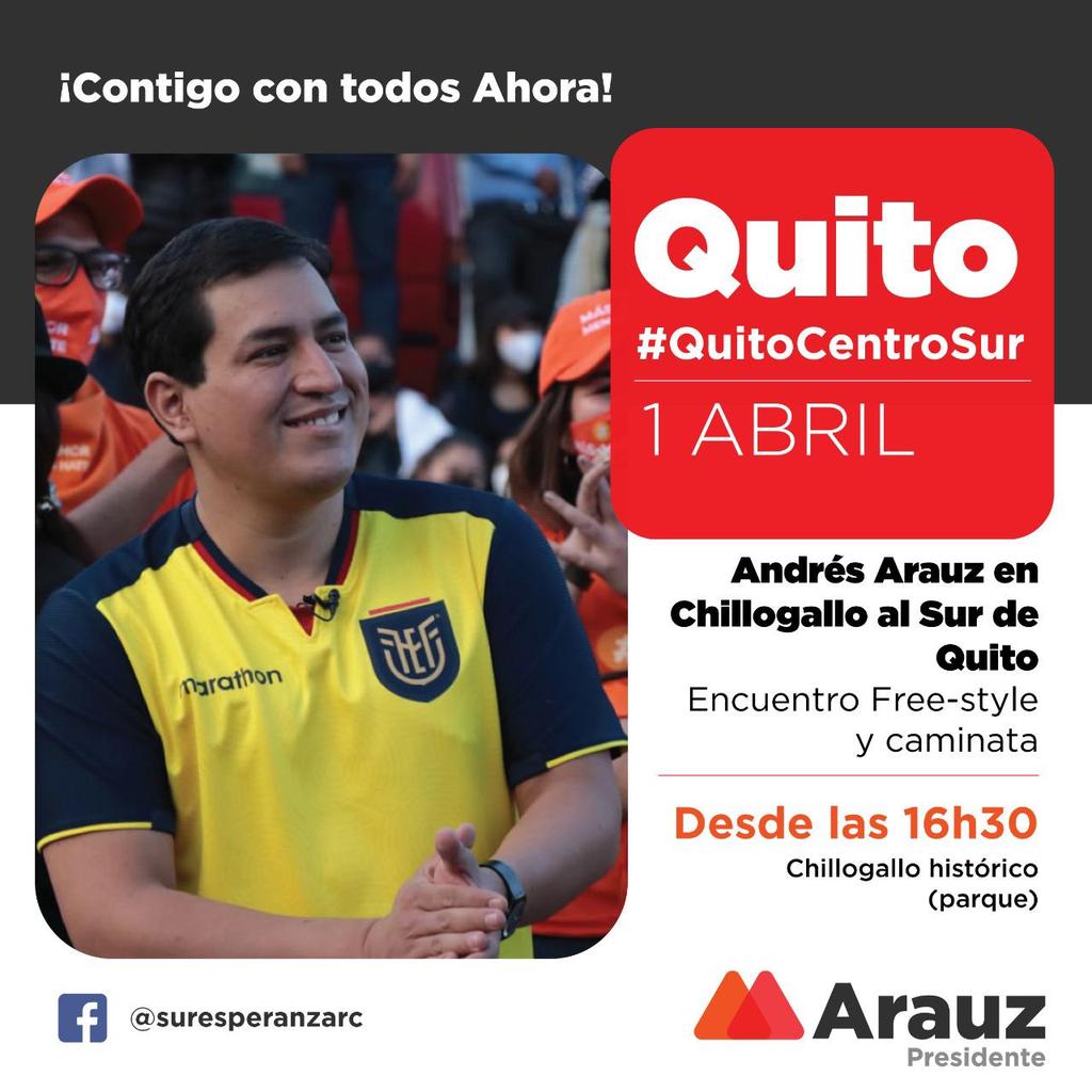 ChillogalloR's tweet photo. #Atención! Hoy #1Abril nuestro futuro presidente .@ecuarauz visitará #Chillogallo y realizará caminata para dialogar sobre las propuestas de dignidad y esperanza. 
#ContigoConTodosAhora #QuitoCentroSur #SurEsperanza #BinomioDeLaEsperanza https://t.co/Xg1EUiEmsa