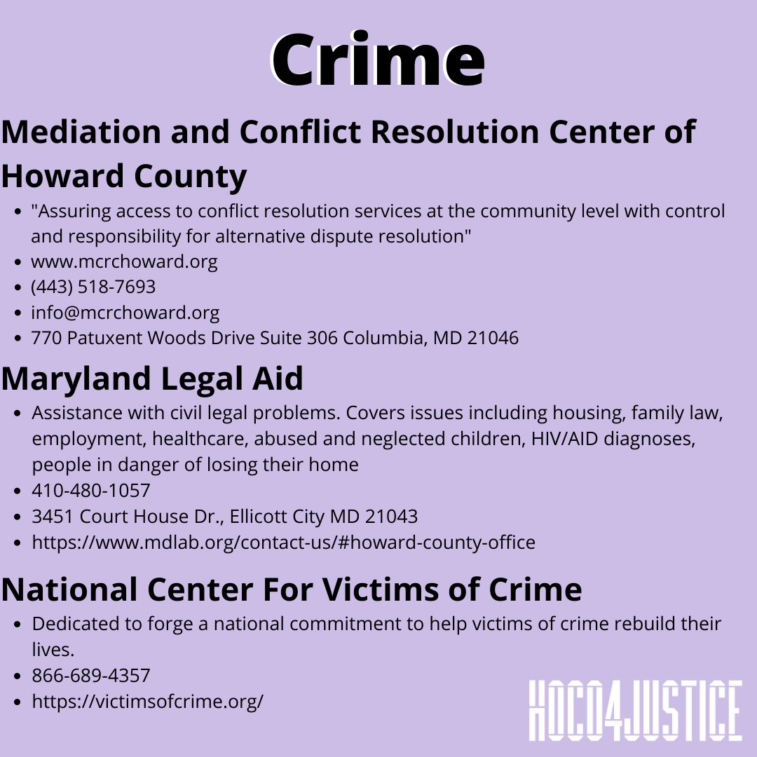 hocoforjustice's tweet photo. Here are a variety of resources in Howard County, MD that you can use as an alternative to calling the police. Included are hotlines and programs related to helping with issues involving sexual assault, mental health, housing, and more. ⬇️ Please share‼️ https://t.co/urxGEszud5
