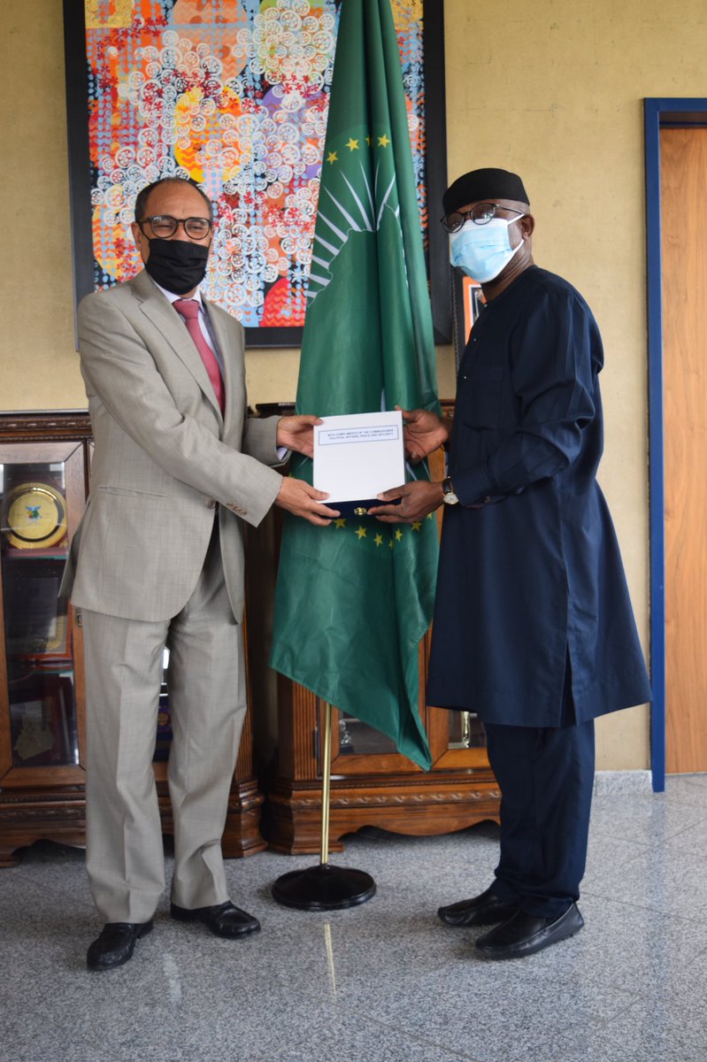Bankole_Adeoye's tweet photo. Amb. Lamine Baali of the Sahrawi Arab Democratic Republic (#SADR) and I, today, called for a stronger #AU role in sustainable peace building. We both affirmed peaceful resolution of disputes and regional security as the basis for silencing the guns https://t.co/5623RkQ6mO