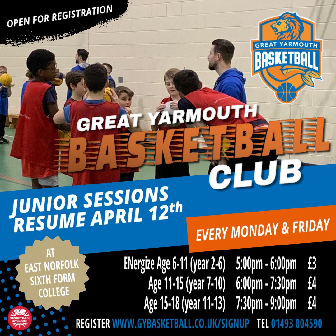 GYBasketball's tweet photo. Basketball is BACK! Our junior sessions for ages 6-18 resume April 12th at @EastNorfolk. For more info visit https://t.co/el1sX3e6pi #returntoplay https://t.co/1BpIazsyad