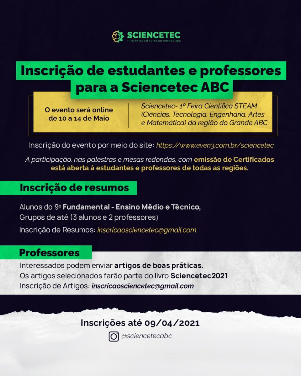 paulasouzasp's tweet photo. 🙂 Inscrições de projetos baseados na metodologia STEAM & English, para a 1ª Feira Científica STEAM, a Sciencetec 2021, vão até o dia 9 de abril.
➡ Saiba mais: https://t.co/MG6imAfwwr
...
#CentroPaulaSouza #CPS #Etec #EtecLauroGomes #Sciencetec https://t.co/7PIMnROLFG