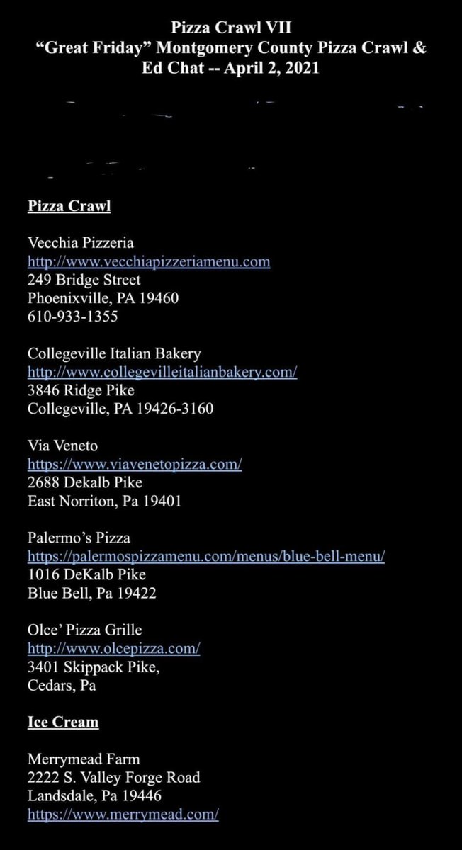 _Mike__Kelly's tweet photo. Pizza crawl itinerary is all set for tomorrow. @DSchmaldienst @BroskeyMatthew @stauffermb @danmarks59 #pizzachat https://t.co/oUBcgKcuSJ