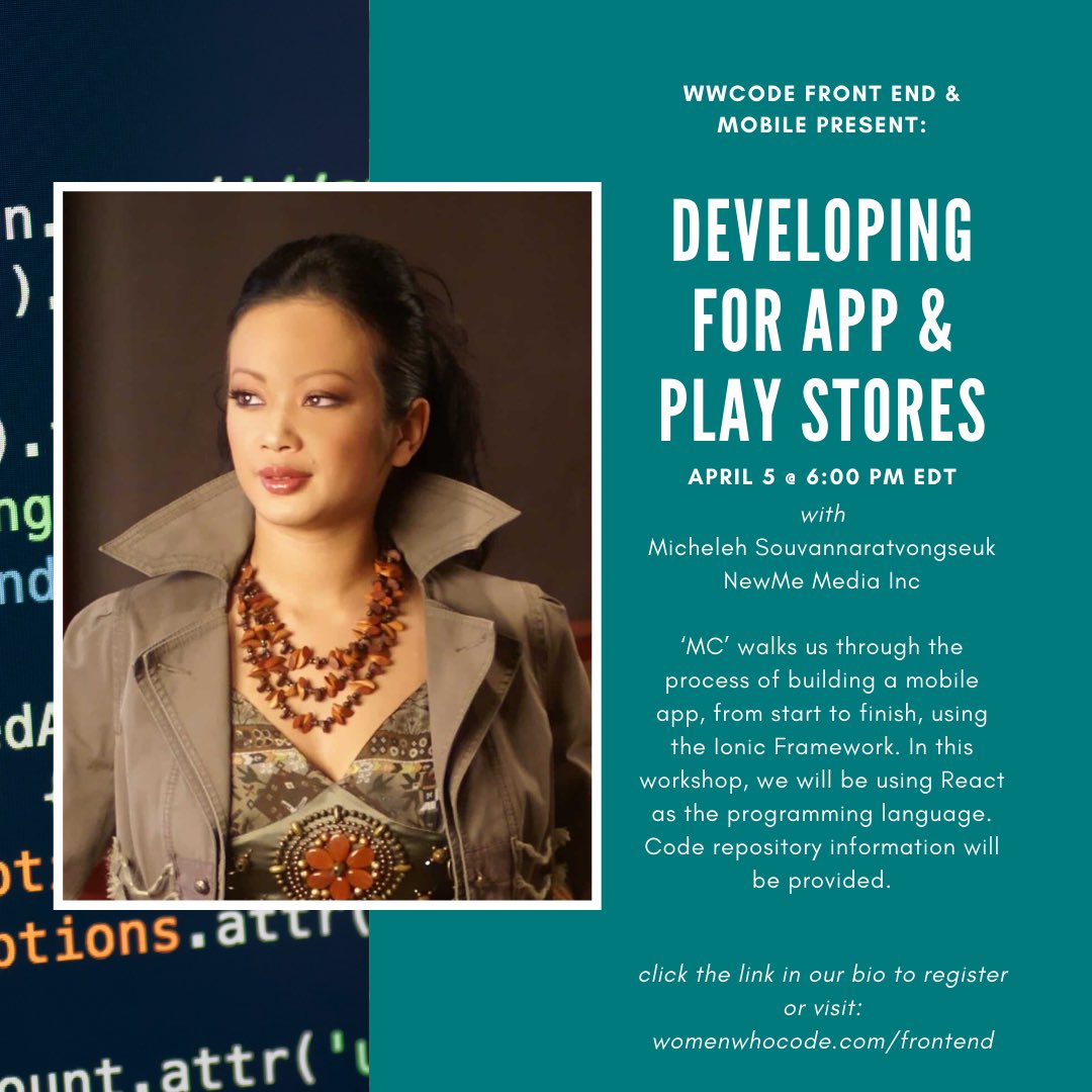 WWCodeFrontEnd's tweet image. Join us this coming Monday at 6pm EST to learn about the process for building a #mobile app from start to finish using the Iconic Framework and #React. Register here: us02web.zoom.us/webinar/regist…