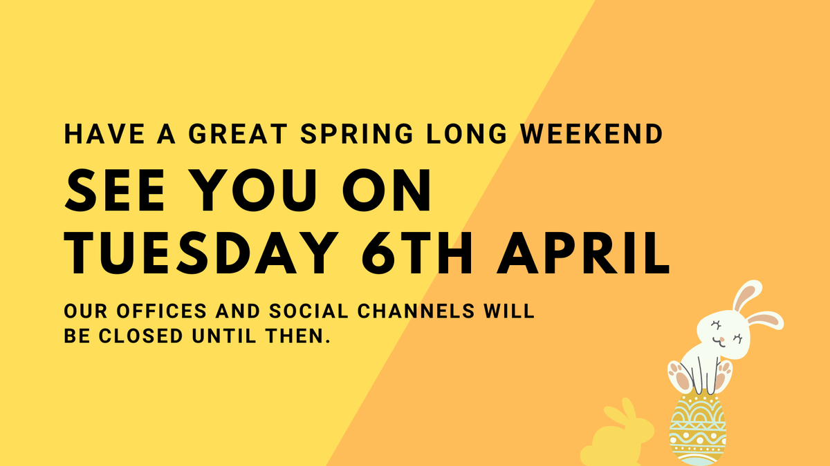 Square1Dist's tweet image. Have a great long weekend! 

We look forward to seeing you on the 6th April when we return 🐤🌷🐥🐣🐇🐰