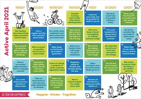 This month's Action Calendar is all about being active💪🏃

Keeping active is a brilliant way of boosting your mental wellbeing, so, let's get out and about this month!

#wellbeing #mentalwellbeing #mentalhealth