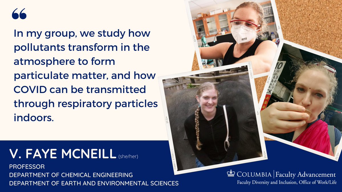 ColumbiaFaculty's tweet photo. In today's #CUFacultySnapshot, we speak with V. Faye McNeill, @vfmcneill, about her studies on how pollutants transform in the atmosphere &amp; how COVID can be transmitted through particles indoors. Find out more: https://t.co/Idwtg86bPX @Columbia @McNeillGroup @ChemeCU @ColumbiaCS https://t.co/M8BT1YCzXB
