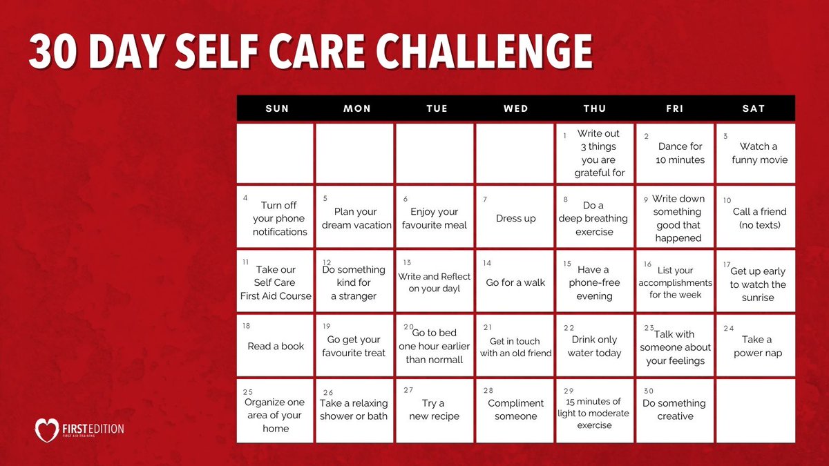Don't underestimate the impact that #stress can have on the body, especially the #heart. Curb your stress with #selfcare lifestyle changes.

Download the #FirstEditionAED 30 Day Self Care Challenge to take back your health!

firsteditionfirstaid.ca/wp-content/upl…

#30daychallenge #mentalhealth