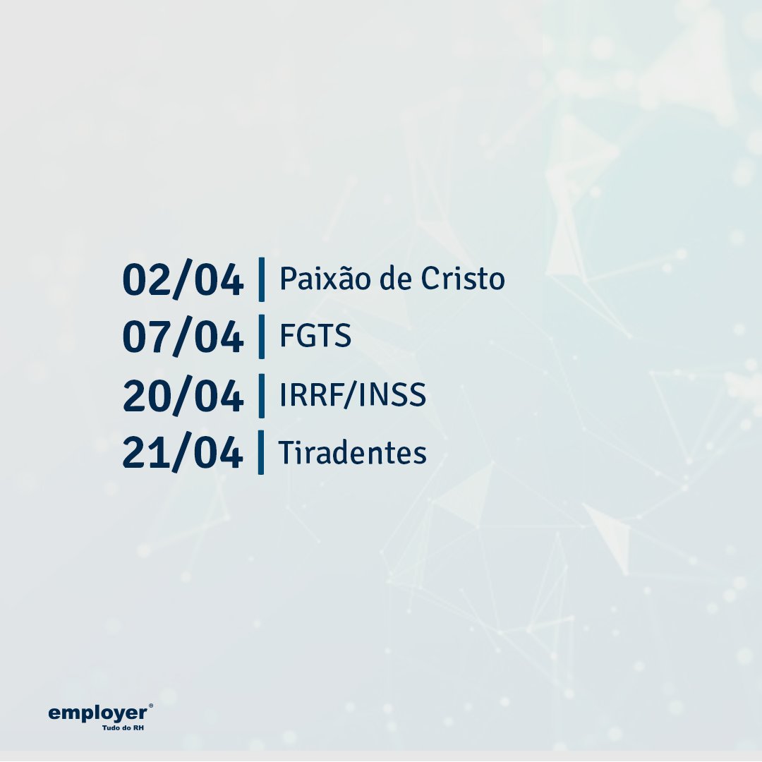 TudoDoRH's tweet photo. É imprescindível ao departamento pessoal organizar o calendário de suas organizações, e para te ajudar nós preparamos um lembrete do mês de Abril. 🗓
.
.
#EmployerRH #TudodoRH #departamentopessoal #calendário #FGTS #folhadepagamento #gestaodepessoas https://t.co/mOkGg7f2Y2