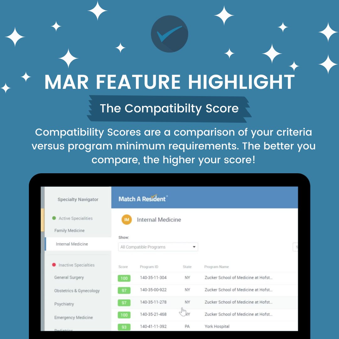 MatchAResident's tweet image. Compatability Scores also utilize important factors like program competitiveness, IMG friendliness, Interview-Link, and more! 

Learn More: matcharesident.com

#MatchAResident #CompatabilityScore #IMGFriendlyPrograms #Match 2022