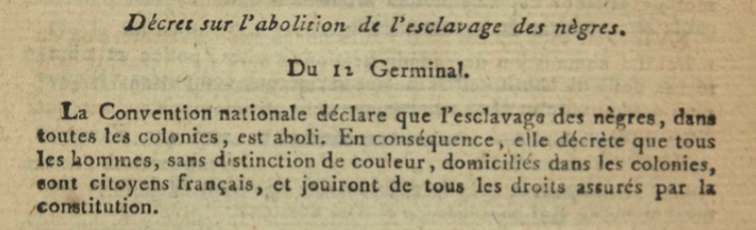 1792_1815's tweet photo. 1 avril 1794 La #Convention nationale décrète l’abolition de l’#esclavage dans toutes les colonies et accorde le droit de citoyen français à tous sans distinction de couleur. https://t.co/qEa6stb7fA