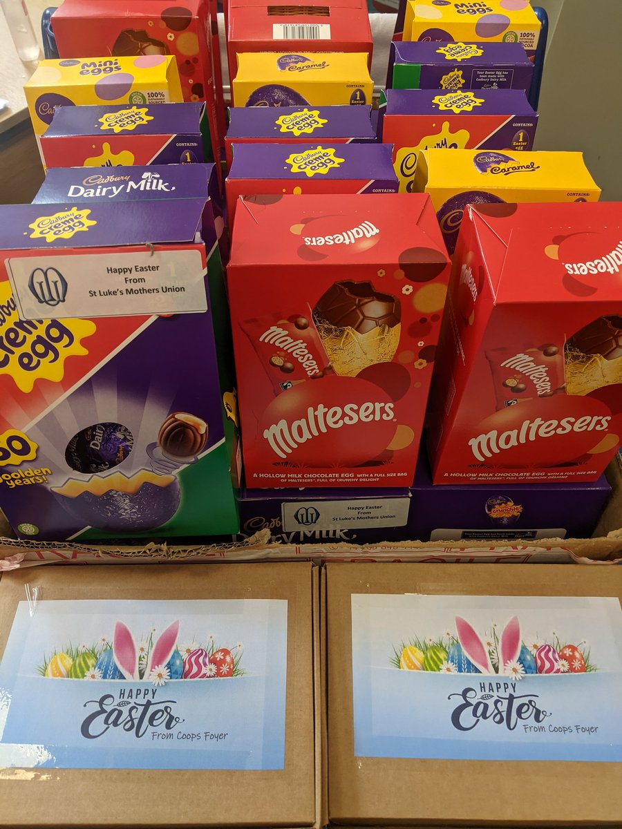 CoopsFoyer's tweet photo. Easter Eggs and Easter wellbeing packs distributed to all residents this evening. Thanks to St Luke's Mother's Union for their donation 🐰🐣 https://t.co/2l9qaBWpRr