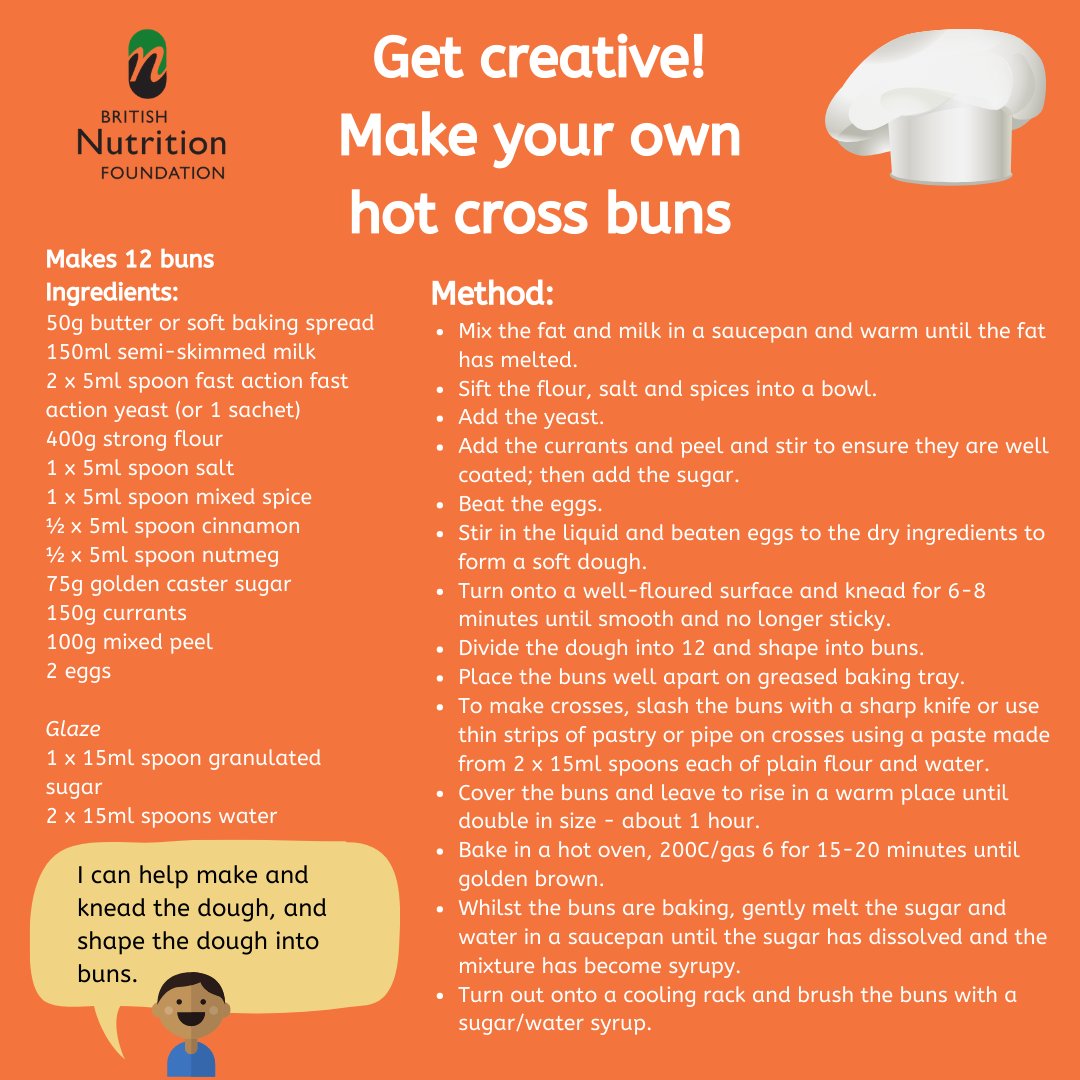 NutritionOrgUK's tweet photo. Hot cross buns are a Good Friday tradition - have you tried making your own? Our easy recipe below is one that all of the family can help with! https://t.co/mPgdX52DM2