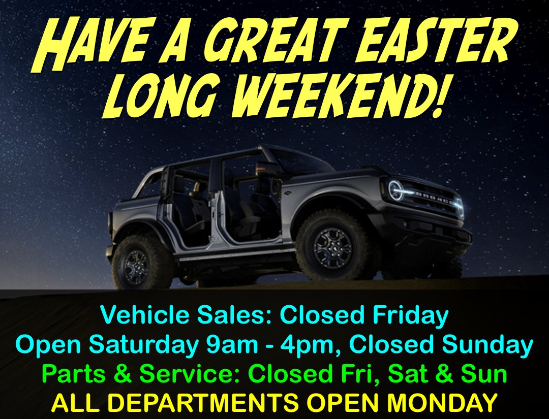 Metro_Ford's tweet photo. The long weekend is here, and it looks like it will be the perfect time to get out and enjoy some fresh air!

All departments will be open on Easter Monday!

#happyeaster🐰 #yyc #yycliving #bronco 
Today https://t.co/izEflPxZIi