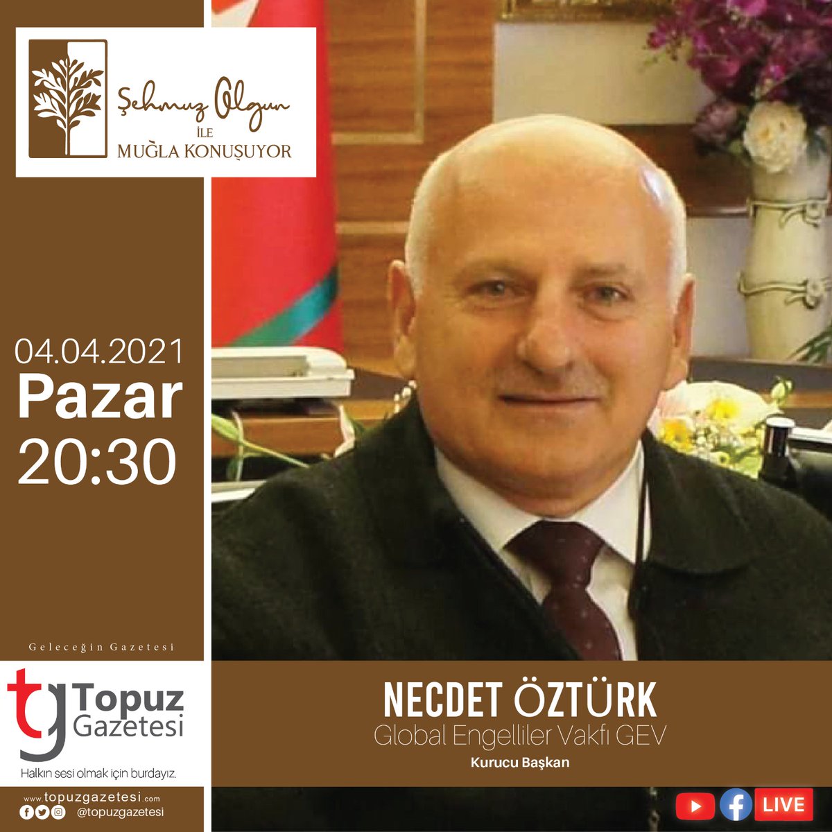 4 Nisan Pazar günü saat 20:30'da Başkanımız Sayın Necdet Öztürk, Topuz Gazetesi'nin Şehmuz Olgun ile Muğla Konuşuyor programına konuk olacak ve Vakfımız, projelerimiz, aynı zamanda ülkemiz ve dünyadaki sosyal politikalar üzerine konuşacaktır.
Yayın Linki: youtube.com/channel/UCSba8…