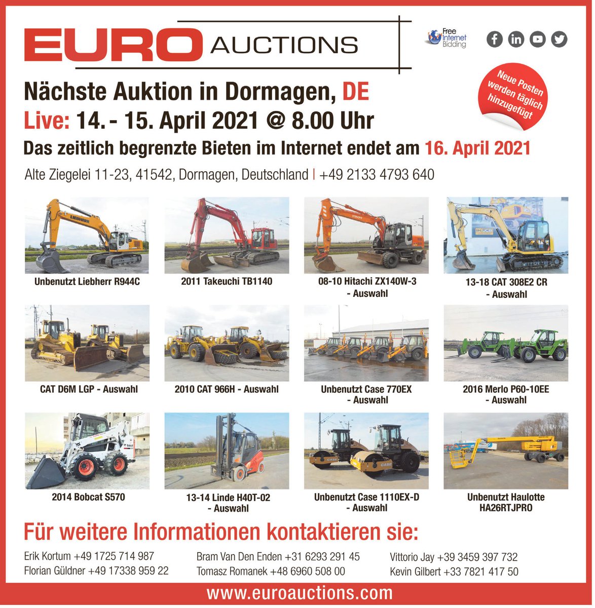 Nächste Auktion von #Baumaschinen &amp; #Landmaschinen in Dormagen: Euro #Auctions Dormagen DE, LIVE: 14. - 15. April 21. bit.ly/3cIVnal

 #Onlineauktion #Auktion #Baumaschinenauktion #Maschinen #Maschinenauktion