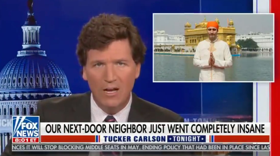 .@TuckerCarlson / @FoxNews: Why is this picture of @JustinTrudeau at Darbar Sahib--the world's holiest site for Sikhs--used in this hysterical segment on Canada's COVID-19 policies? Using images associated with Sikhism--or any religion--to stoke fear and panic is despicable.
