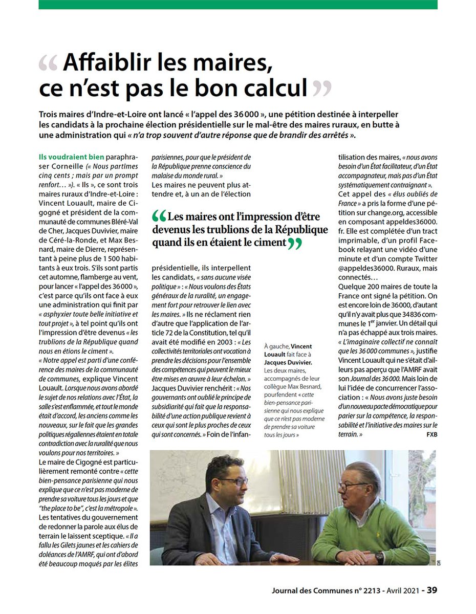 Trois maires d'Indre-et-Loire lancent <a href="/appeldes36000/">Appel des 36000</a> une pétition destinée à interpeller les futurs candidats à la présidentielle sur le malaise des maires ruraux : 200 les ont déjà rejoints <a href="/journalcommunes/">Journal des Communes</a> avril <a href="/Maires_Ruraux/">AMRF</a> <a href="/mairesruraux28/">Maires Ruraux 28</a> <a href="/MairesRuraux53/">Association des Maires Ruraux de la Mayenne 🇫🇷</a> @MairesRuraux77