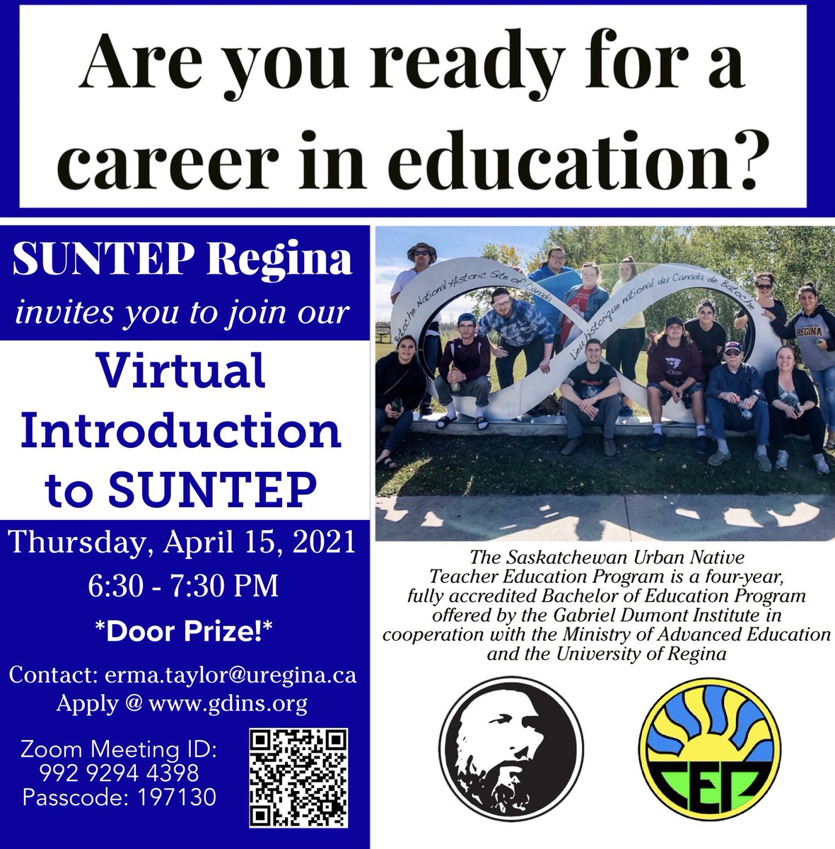 gdins_org's tweet photo. The Regina Saskatchewan Urban Native Teacher Education Program (SUNTEP) will be hosting a virtual student recruitment event on Thursday, April 15, 2021, at 6:30PM CST. Registration details are below! ⬇ https://t.co/jFzNpAMNwp