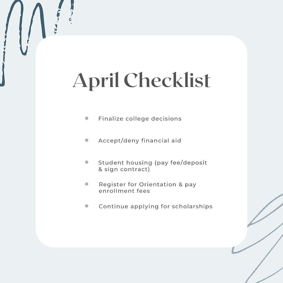 Seniors- it’s not too late! If you need help applying to a school, finding scholarships, or just figuring out next steps, I’m here to help! You’ll find links to these tasks + others in your April Newsletter. Have a great Spring Break!
