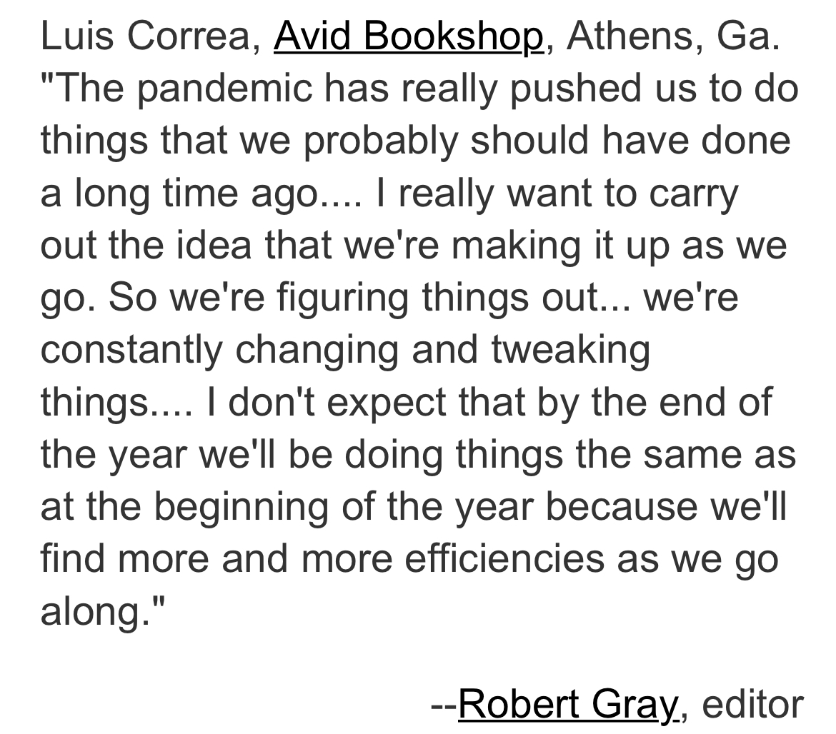 AvidBookshop's tweet photo. At our industry's February conference, Luis and four other booksellers did an online panel called "Managing Online Sales Growth." Shelf Awareness did a recap of the event and chose to highlight this quote (see picture). #wi16 @ShelfAwareness https://t.co/PjRfnLZ23I