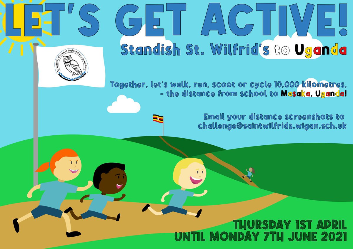 St_Wilfrids_CE's tweet photo. Day 1 of our whole school community ‘Let’s Get Active!’ Challenge. Email your screenshots to challenge@saintwilfrids.wigan.sch.uk remembering to include your child’s name, class, form of physical activity (walk, run, scoot, cycle) and distance (km) and Tweet @St_Wilfrids_CE 🇺🇬 https://t.co/pwjgUU9vm4