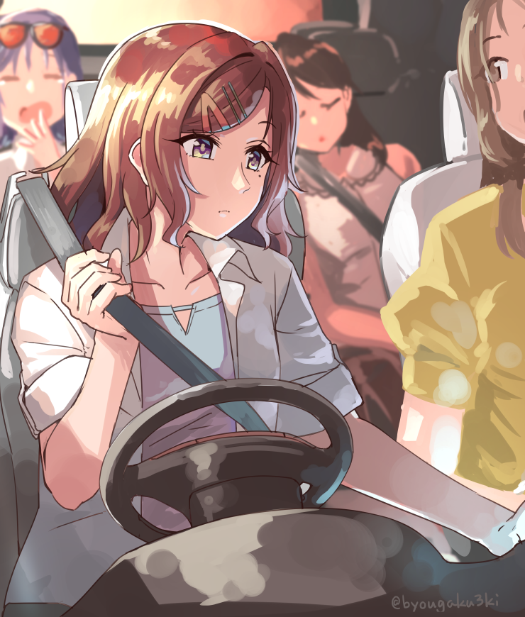 asakura toru ,fukumaru koito ,ichikawa hinana car interior multiple girls yawning brown hair seatbelt 4girls driving  illustration images