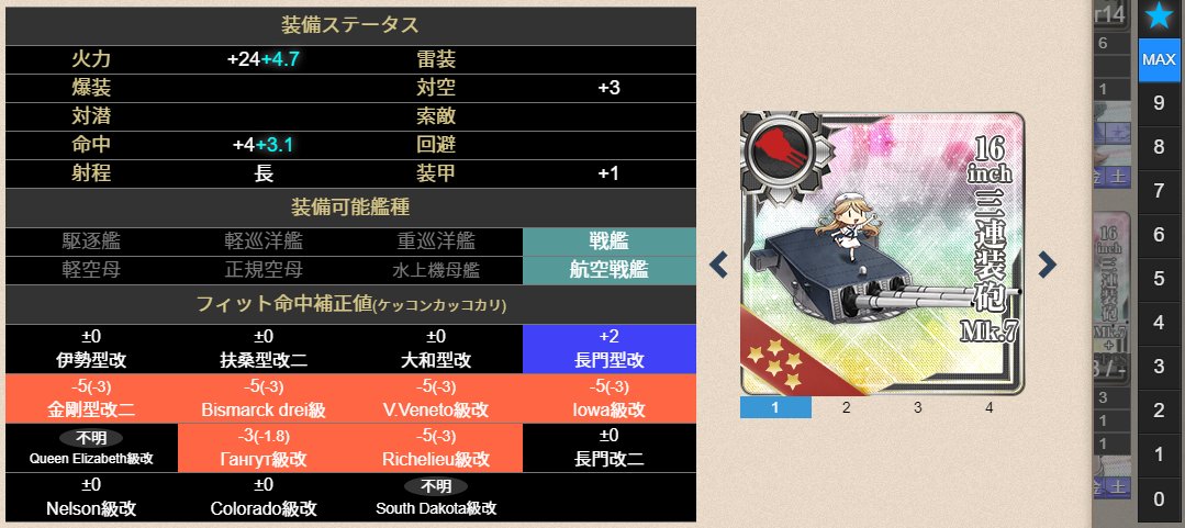Iza 艦これ 改修可能になった16inch三連装砲 Mk 6 Mod 2 アイオワ砲に火力命中でわずかに劣るけど 幅広い戦艦にボーナスが付いて改修コストも割安 Gfcsのような更新先は無いけど アイオワ砲が足りなければ悪くない改修候補かも アイオワに次いで