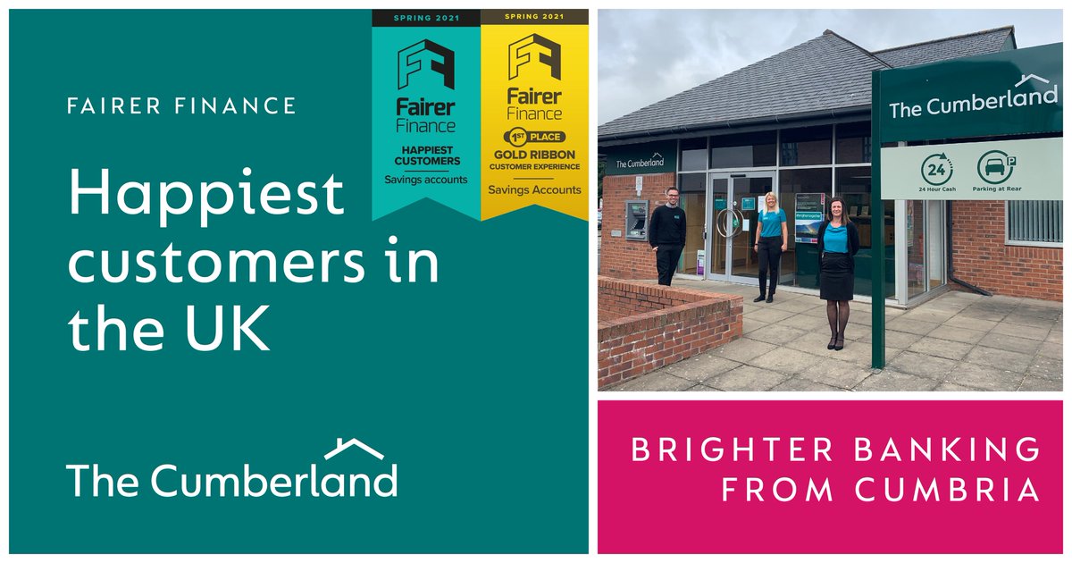 CumberlandBS's tweet image. Our savings customers have rated us top for customer experience, according to @fairerfinance, placing us ahead of 50 of the UK’s savings providers. 

We also ranked the highest for customer happiness and 2nd highest in the UK for bank account customer experience.👏👏