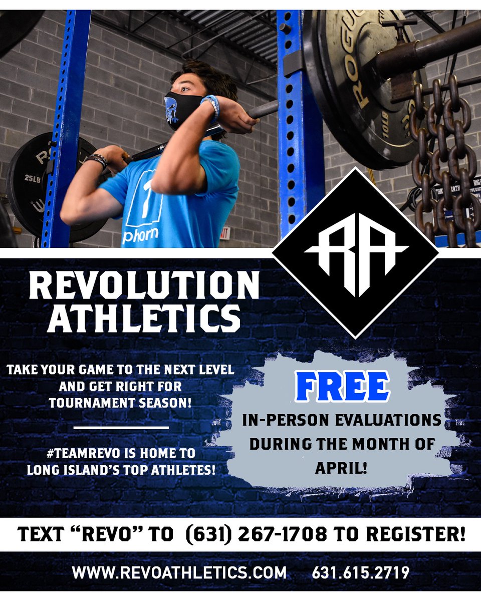 RevoAthletics's tweet photo. Looking to take your game to the next level? For the month of April, come in for a 1 on 1 evaluation for FREE. Text “REVO” to (631)267-1708 to register. Don’t miss out on this opportunity to train alongside the best athletes on Long Island!
.
.
#TeamRevo #RevolutionAthletics https://t.co/PQyIUW3VAq