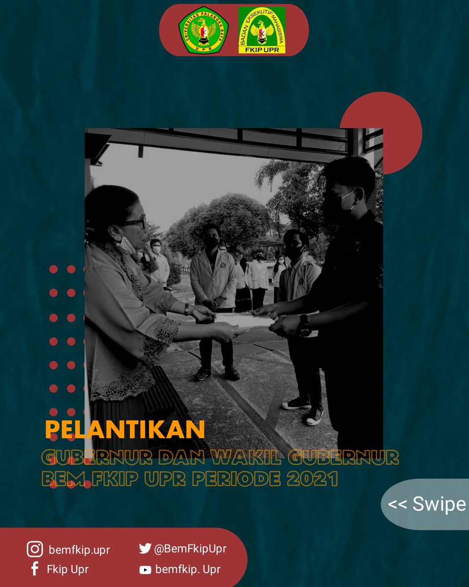 BemFkipUpr's tweet photo. PELANTIKAN PENGURUS BEM FKIP UPR PERIODE 2021]
. 
Acara Pelantikan Gubernur dan Wakil Gubernur beserta jajaran pengurus BEM FKIP UPR PERIODE 2021 dan Penyerahan SK Kepengurusan, dilakukan secara resmi oleh Ibu Dekan Fakultas Keguruan dan Ilmu Pendidikan Universitas Palangka Raya. https://t.co/E8iB6qEkri