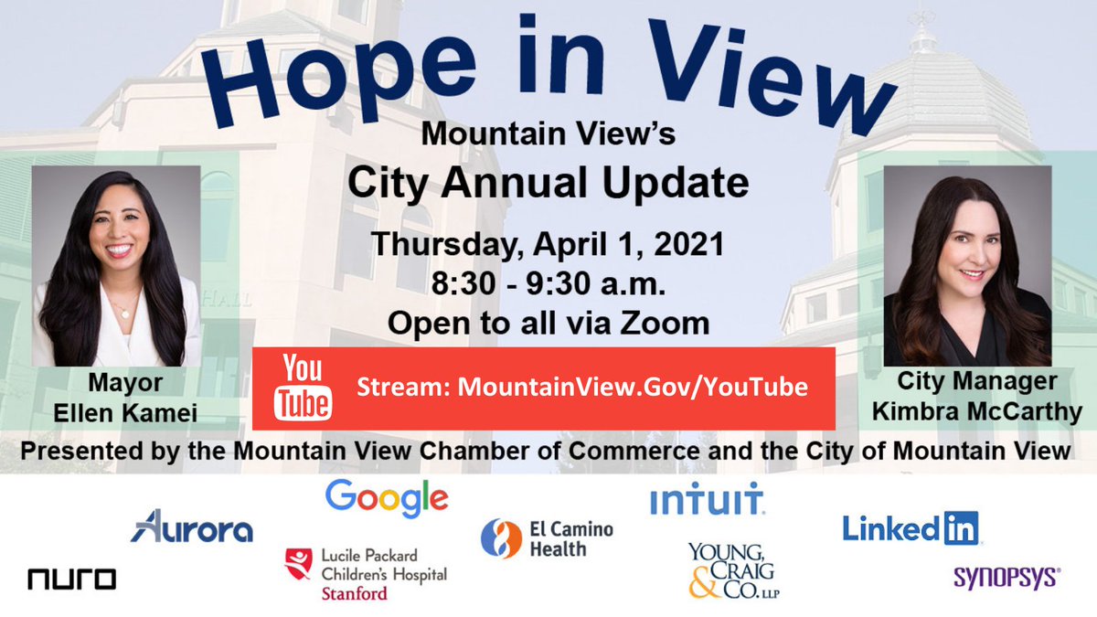 MountainViewGov's tweet photo. STARTING SOON: We’re livestreaming the 2021 City Annual Update at 8:30 this morning.
▶️Join us on YouTube: https://t.co/jEpCR7T87m
#HopeInView #AnnualUpdateMV https://t.co/rAh2avvZh9