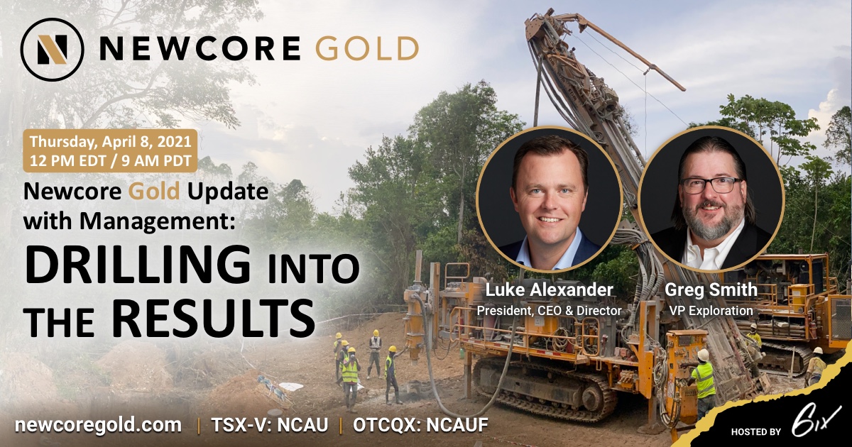 NewcoreGold's tweet photo. *INVESTOR WEBINAR NEXT WEEK* Join us Thursday, April 8 at 9am PDT / 12pm EDT for a #webinar hosted by @6ix. #NewcoreGold’s President &amp; CEO, @LukeNCAU, and VP Exploration, @GregNCAU, will discuss the latest #drill results from #Enchi.

Register here 👇: 
https://t.co/UmMNZLwbrk https://t.co/gdJnf0gPKH