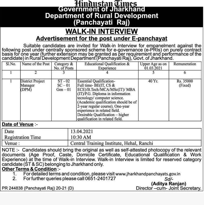 DCEastSinghbhum's tweet photo. 👉All interested candidates are invited for WALK-IN-INTERVIEW for posts under Panchayati Raj Department 

✔️Date: 13.04.2021
✔️Registration Time : 10:30 AM
✔️Venue: Central Training Institute, Hehal ,Ranchi

Just remember to remain calm and focused. Best wishes👍 https://t.co/ul3NjHo52I