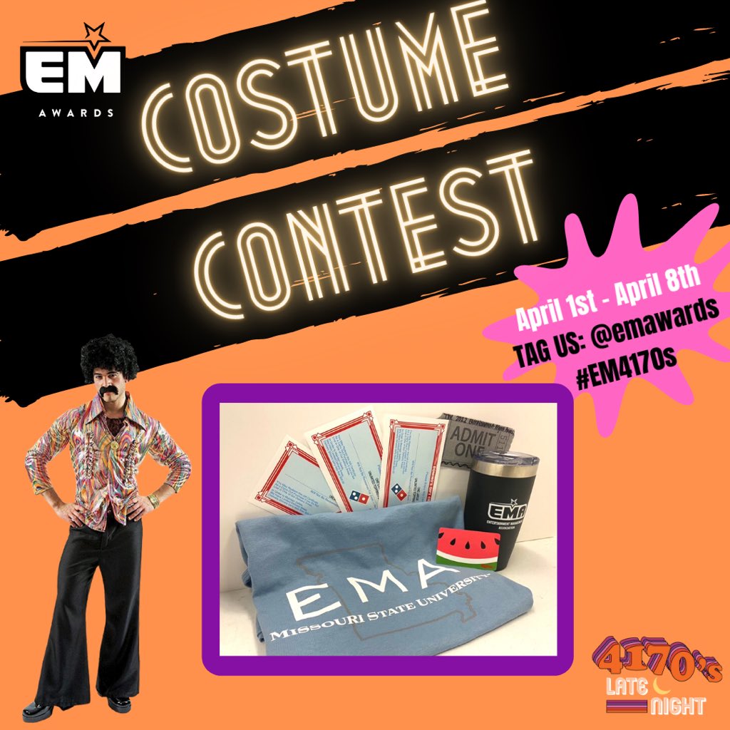 EM_Awards's tweet photo. Show us your best 70’s costume April 1st - April 8th on Instagram, Facebook, or Twitter🕺🏽🎙 The best 70’s costume winner will win:

🌟3 large unlimited topping pizzas from Dominos 
🌟EMA t-shirt and tumbler
🌟$25 hyvee giftcard
🌟a FREE ticket to next years EM Awards!
(details⬇️) https://t.co/Y0P7pJr8I2