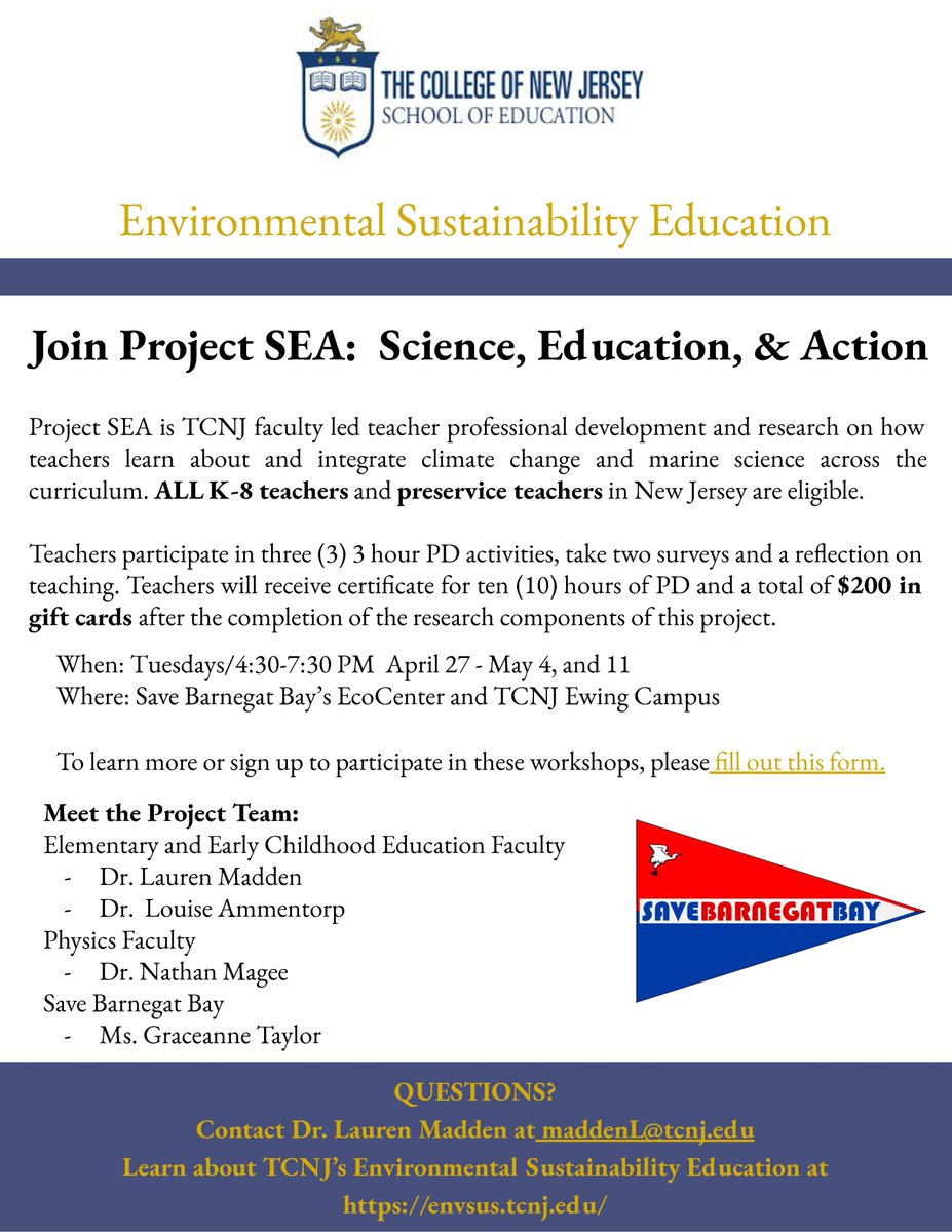 EnvSusTCNJ's tweet image. We are so excited to launch #ProjectSEA, a new PD initiative focused on #climatechange, marine science, and the NGSS. This is a great new partnership between @TCNJSchoolofEd and @SaveBarnegatBay. If you are a current or future K-8 teacher in NJ, join us!
docs.google.com/forms/d/e/1FAI…