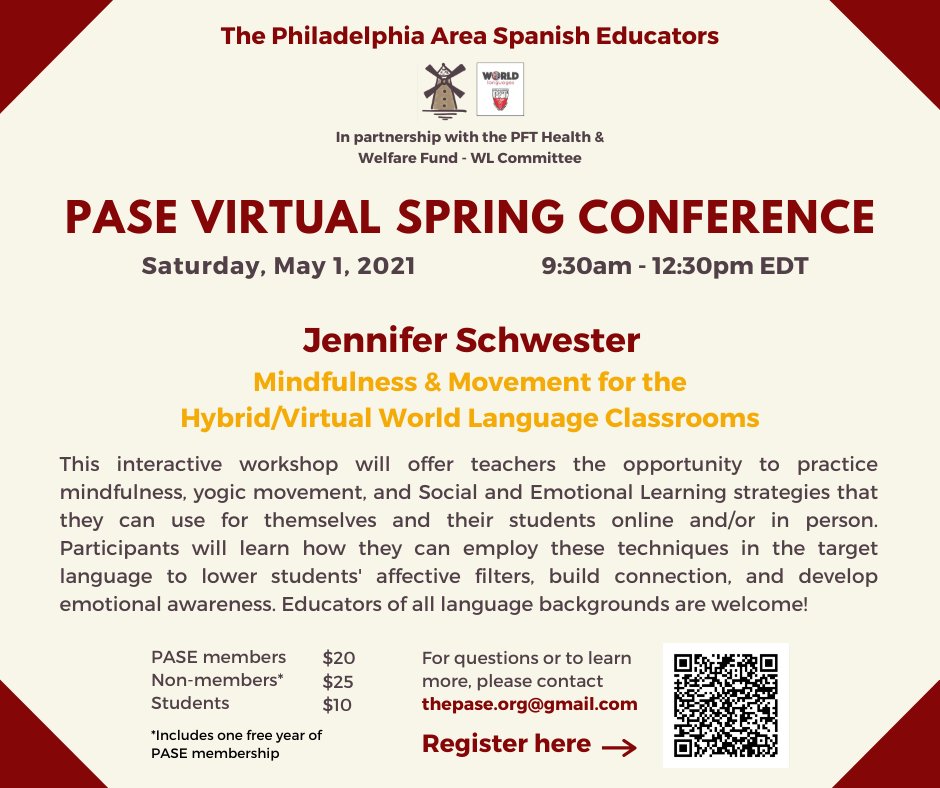 thepaseorg's tweet photo. Registration for our virtual spring conference with  @JenniferSchwes2 is now open! Don't miss this opportunity to learn how mindfulness and Social and Emotional Learning (SEL) practices can help language learners thrive in your classroom. https://t.co/dWdeS8jPQZ https://t.co/HD0GbbuzTd