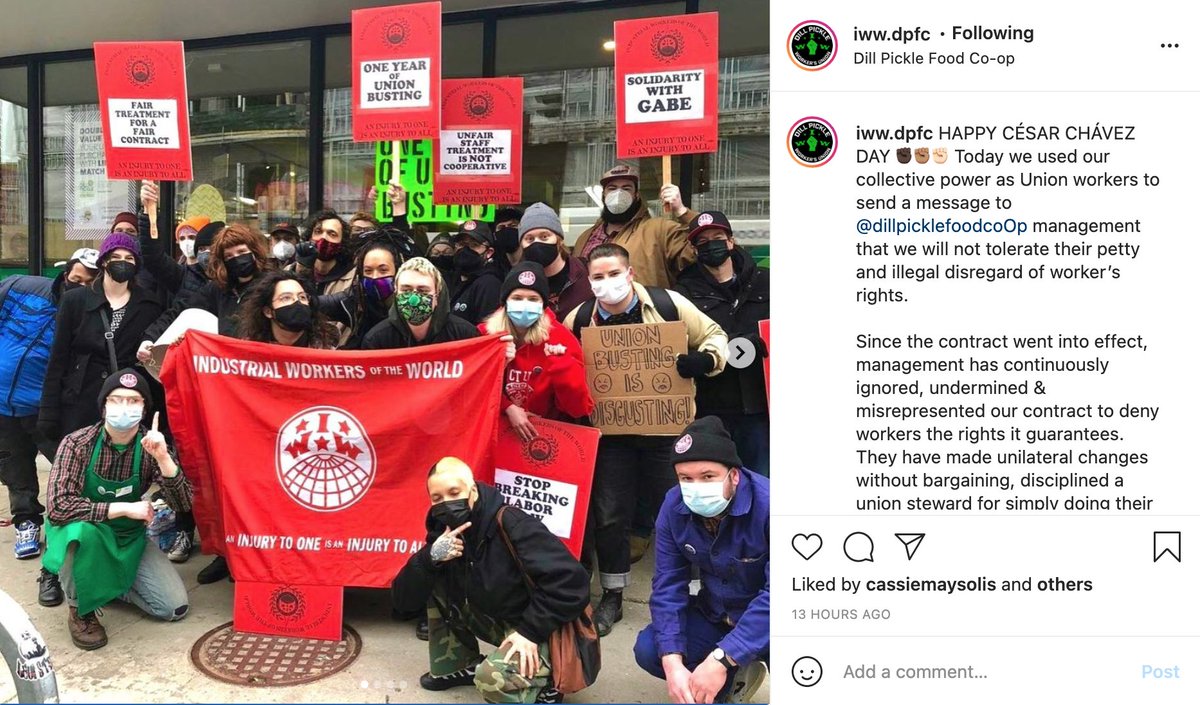 PalenqueLSNA's tweet photo. LSNA stands with the Dill Pickle CoOp's Worker's Union and we are urging @dillpicklefoodcoop management to continue talks with their workers who have been doing essential work for over a year. #IWWDPFC #honorthecontract https://t.co/U1oZO9bMwN