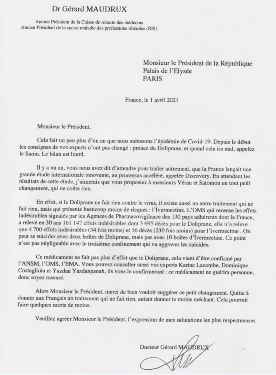 JLesgards's tweet photo. Lettre de notre collègue le Dr Gérard Maudrux au président de la République sur les traitements et l'Ivermectine 😁
Très fort! Il le dit avec humour mais sachez que le mépris que vous avez pour nous est partagé! @EmmanuelMacron @olivierveran https://t.co/PiMFbhUk1C