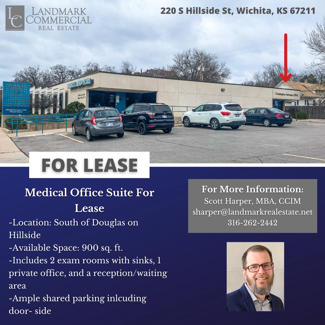 Landmark_CRE's tweet photo. Medical Office Suite For Lease! |220 S Hillside St, Wichita, KS 67211| |South of Douglas on Hillside| |Available Space: 900 sq. ft.| |Includes 2 exam rooms, 1 private office, and a reception/waiting area| For more information, please call Scott Harper, MBA, CCIM at 316-262-2442. https://t.co/c1C3iyddjr