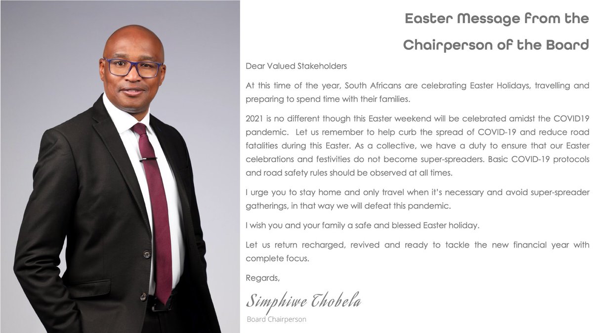 MictSeta's tweet photo. The @MictSeta wishes you a safe and blessed Easter Holiday. 

A message from our Chairperson of the Board @ThobsSim . 

https://t.co/PQfeQ5g41l https://t.co/zfNgRJ7yP5